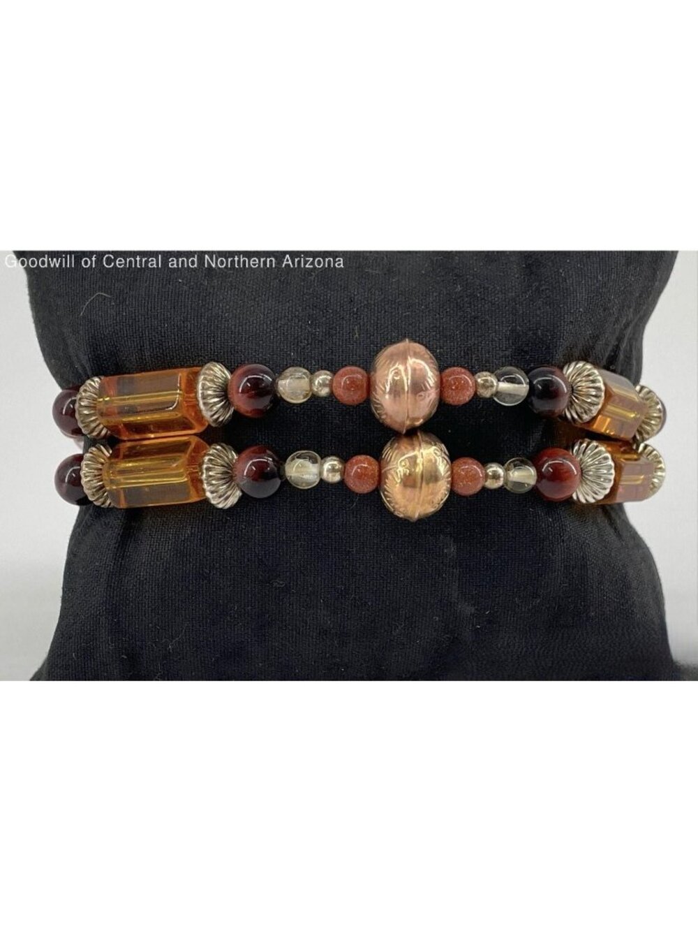 Vintage 925 Sterling Silver Multi-Strand Goldstone Amber Rose Quartz 9" Bracelet